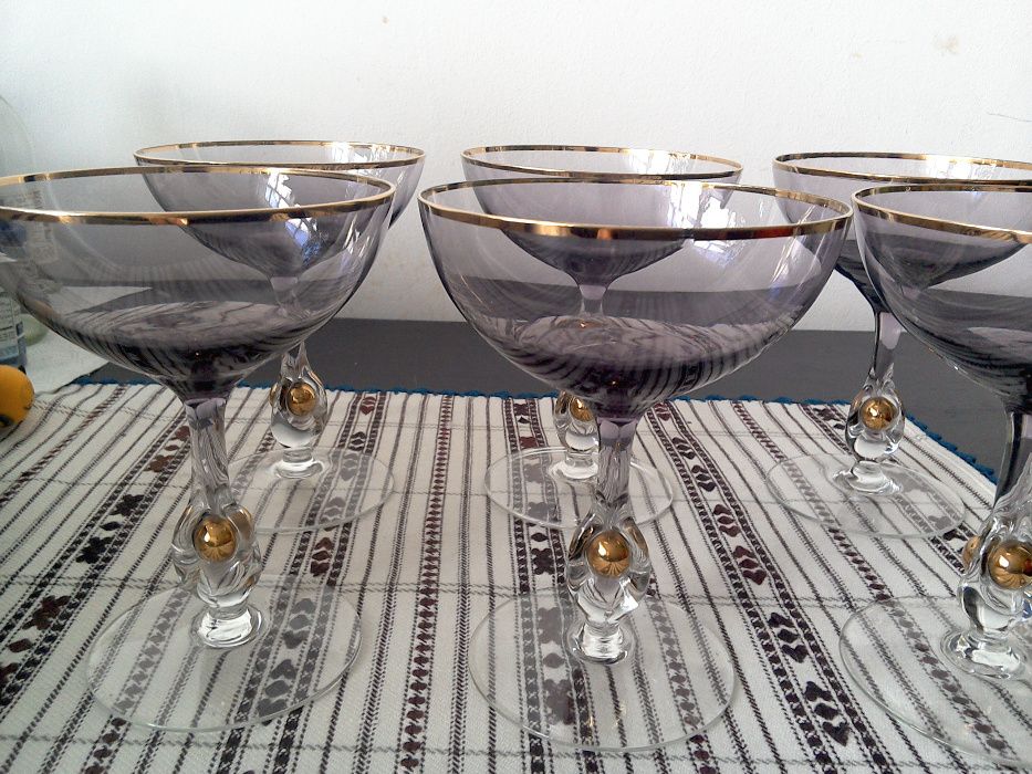 Pahare (cupe) de șampanie, cristal fumuriu cu aur, set complet 6 bucăț