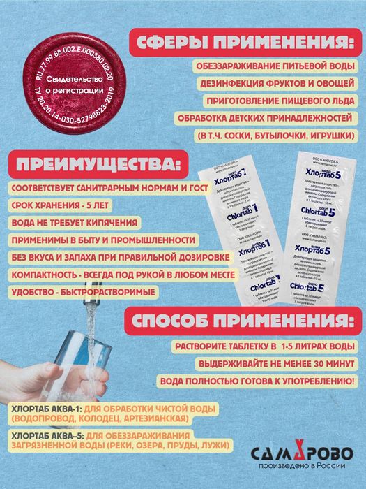 Таблетки для обеззараживания питьевой воды и емкостей Хлортаб Аква