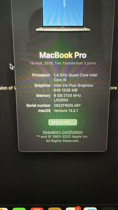 Vând MacBook Pro 13” 2019 (A2159), pentru piese sau reparație.