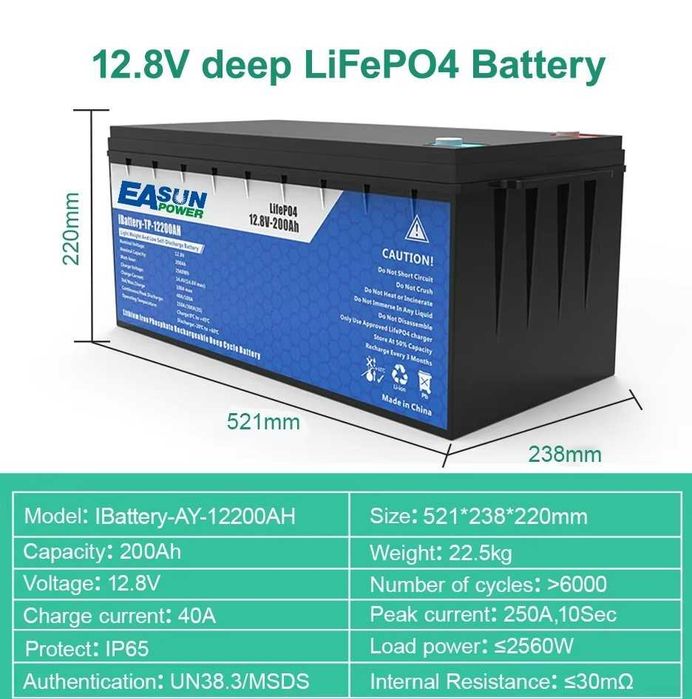 Baterie Easun LiFePO4, capacitate 200 Ah, protectie IP65, 12 V-200 Ah