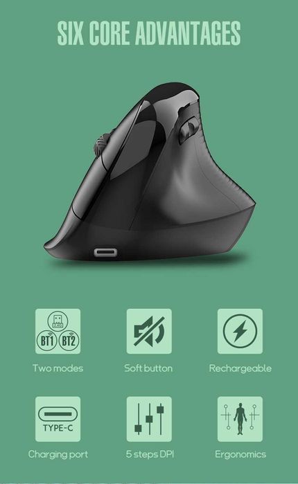 Mouse wireless vertical, cu sau fara fir 2.4GHz + BT 5.0,