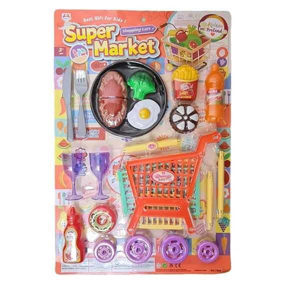 Комплект за игра с количка за пазаруване в супермаркет с 13 аксесоара