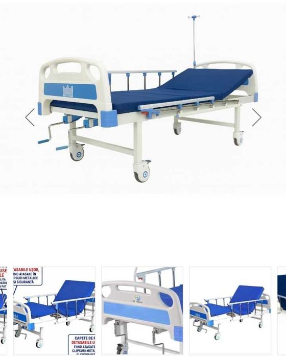Pat de spital rabatabil profesional medical cu saltea,suport 200 kg, reglare spate și picioare, cu masuta si suport perfuzie - Dr.Denis