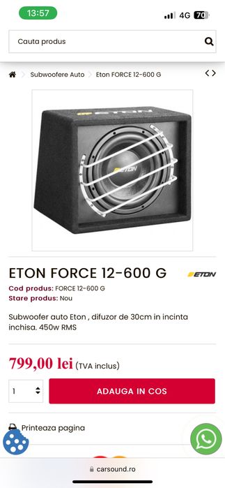 Subwoofer eton 450w rms + statie esx 600w rms