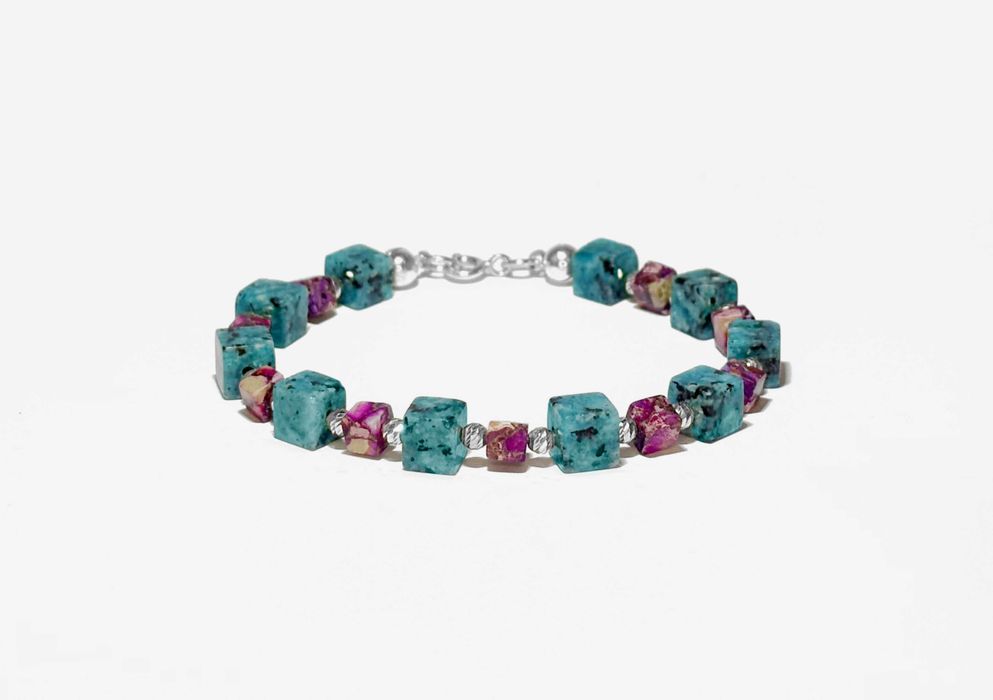 Сребърна гривна от естествени мъниста камъни и перли - ахат аметист