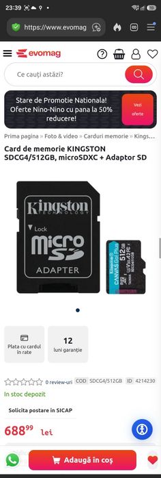 Kingston microSDXC 512GB A1/UHS-I/V30 SDCR/512GB