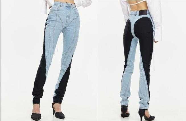 Модел на MUGLER Дънки с Висока Талия и Пачуърк Вталени Разтегаем Модел