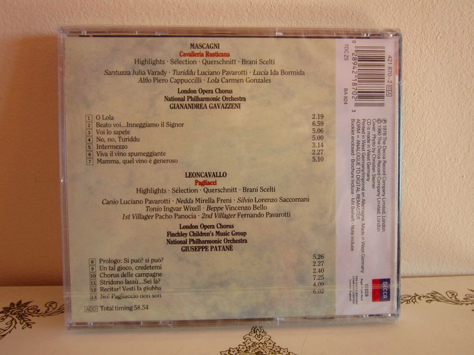 cd rar Pavarotti Cavalleria Rusticana &Pagliacci Patane 1990 nou