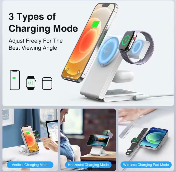 3 в 1 Магнитна безжична станция за зареждане 20 W за iPhone 15/14/13/12, Apple Watch, AirPods-цвят черен