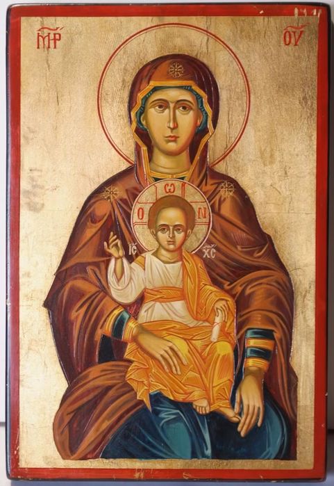 Icoana pictata pe lemn cu pene de randunica  Maica Domnului Împărăteasa cu Pruncul