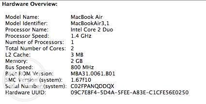 Apple MacBook Air 3.1, A1370, 11inch, 2GB, 1.4GHz