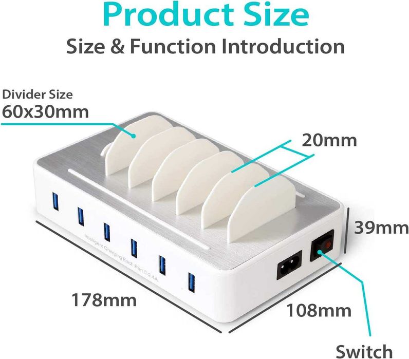 Зарядна станция с 6 порта+ комплект кабели 60 W