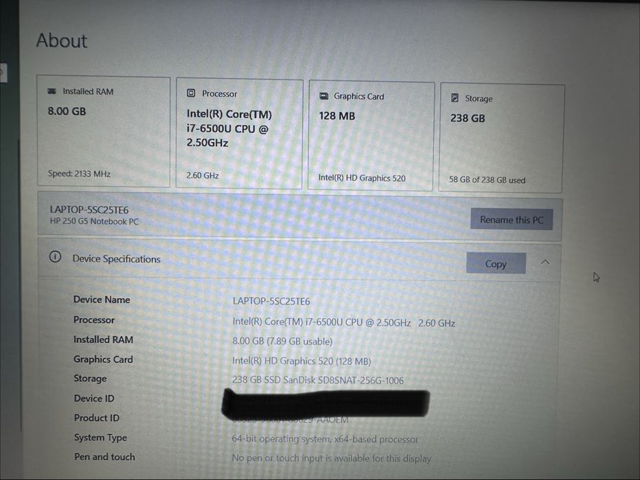 Laptop HP 250 G5 i7-6500U 256Gb SSD 8Gb Ram