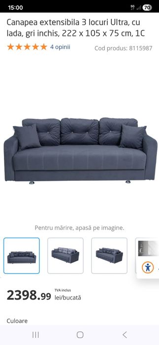 Canapea extensibila 3 locuri Ultra, cu lada, gri inchis, 222 x 105 x 7
