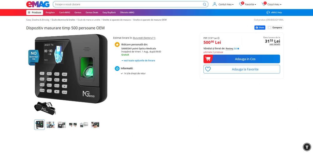 Aparat Pontaj (prezenta) Amprenta+ COD, 500 Utiliz, REDUS de la 500RON