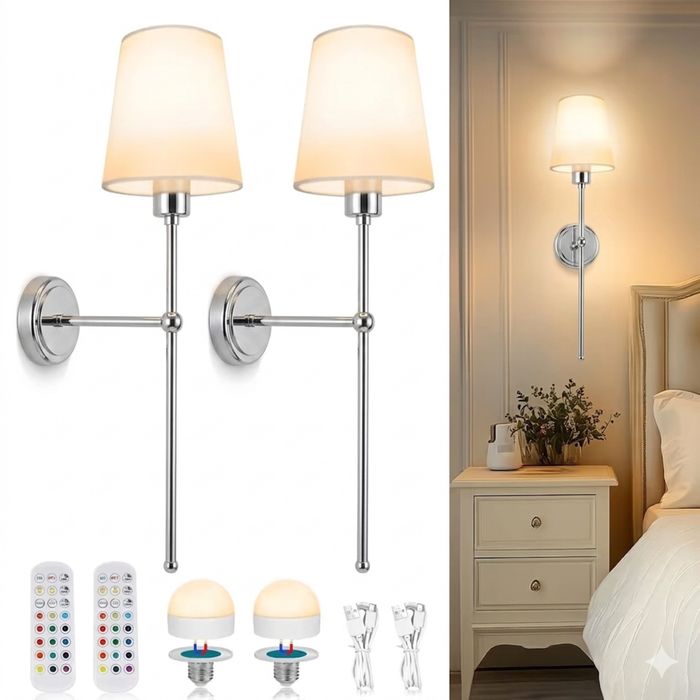 Set 2 Aplice Perete Baterii LED Dimabile Cu Telecomanda Argintiu
