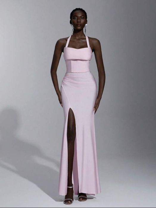 Чисто нова Елегантна, официална, дълга розова рокля с цепка, размер L  Л, материя сатен и еластан, за бал или гост на сватба