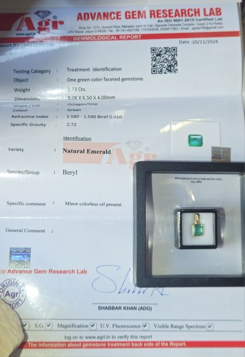 Pandant aur 14k cu smarald natural certificat