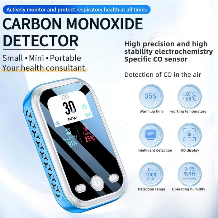 UPEVYLS Преносим детектор за въглероден оксид с голям цветен екран