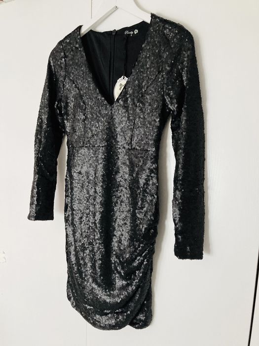 Елегантна коктейла черна рокля с пайети, дълъг ръкав, S