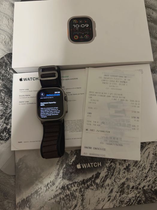 Apple Watch Ultra 2 49mm Natural Titanium | Alpine Loop Indigo L | Baterie 97% | Garantie eMag 2027 | Full Box