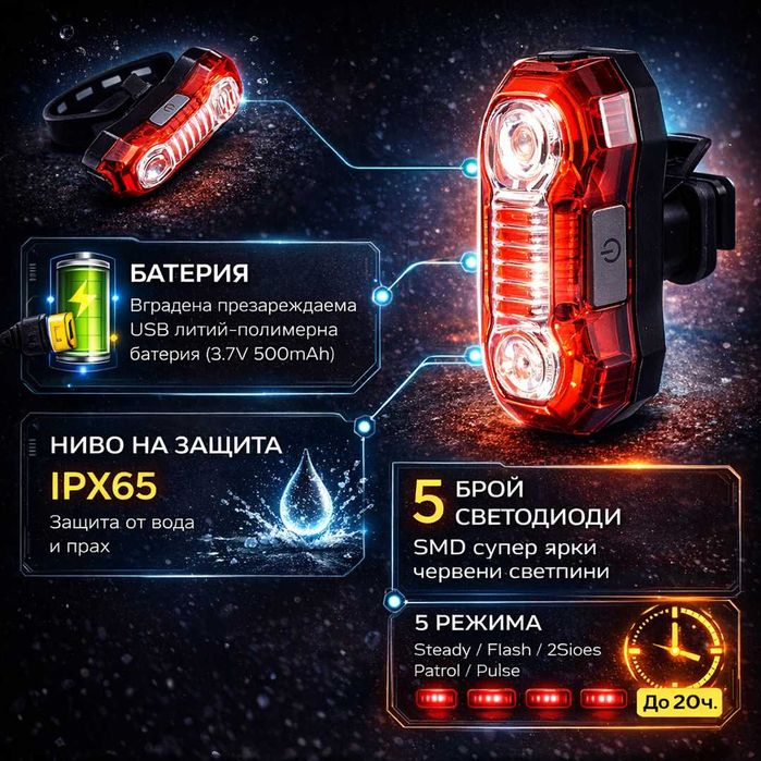 Задна LED стоп светлина за велосипед, Акумулаторна 120lum, IPX65, USB