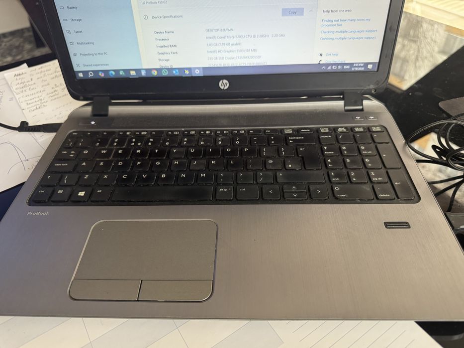 Laptop HP ProBook 450 G2,i5-5200U 2.20GHz,15.6" 8GB 256GB SSD HD5500