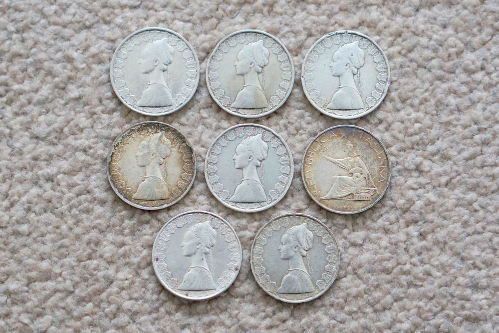 Lot 8 monede din argint 835 - 500 Lire Italia