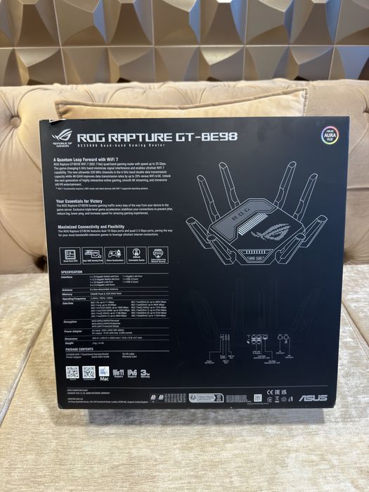 Router wireless ASUS ROG Rapture GT-BE98, Wi-Fi 7, 25 Gb/s, 8 antene externe, 220,6x350,41x350,41mm
