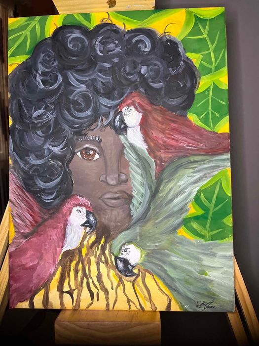 Tablou pictat manual pe panza 30x40 cm - Portret exotic cu papagali