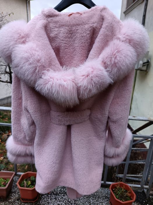 Палто алкантара с естествен косъм от лисица