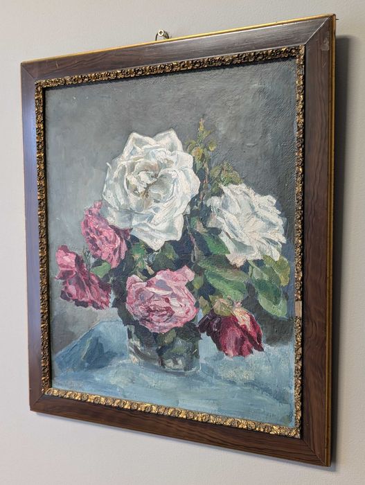 Pictura in ulei, natura statica cu flori, 45x39 cm, semnata si datata 1944