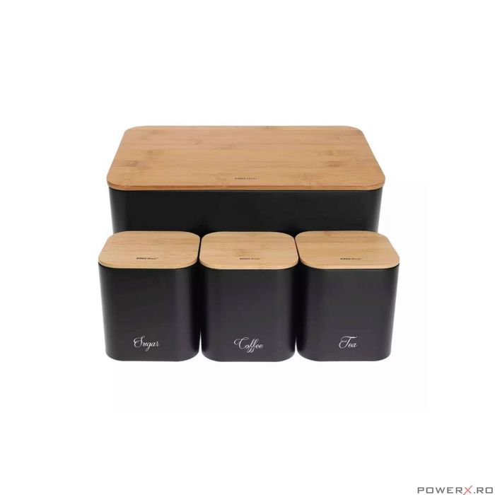Set cutie paine si 3 recipiente pentru bucatarie, oțel-bambus, negru,