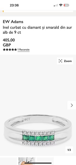 Inel curbat cu diamant și smarald din aur alb de 9 ct
