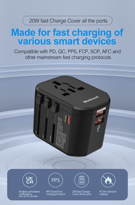 6в1 Универсален адаптер за пътуване UK, US, EU | 2 USB A + USB C