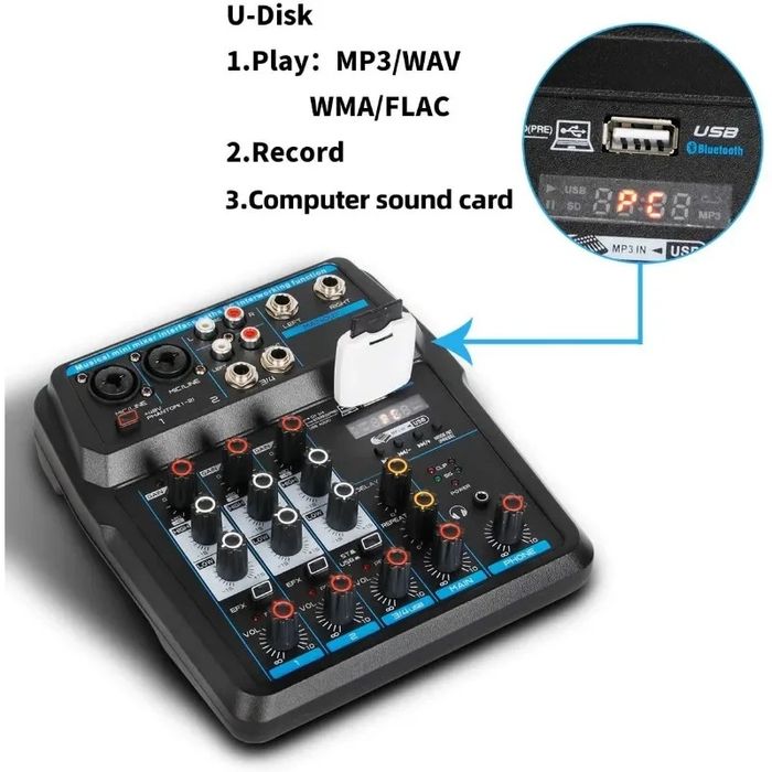 Смесителен пулт, 4 канален DJ Mixer с USB Player и Bluetooth,