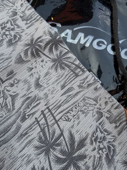 Sac cu snur/ rucsac cu snur gri deschis, imprimeu tropical cu palmieri (nou)