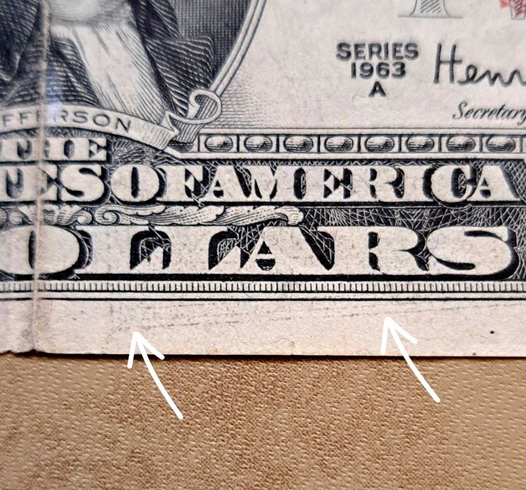 2 долара САЩ, 1963 ,рядък куриоз- двоен печат.