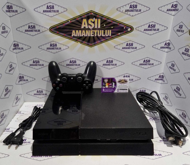 Asii Amanetului - Sony PlayStation4 (PS4 Fat) model CUH-1004A, 500GB cu 1 maneta originala, cablu de alimentare si cablu HDMI