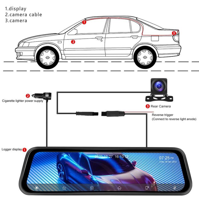 4K DVR Carplay Android auto Видеорегистратор огледало 12" AirPlay Cast
