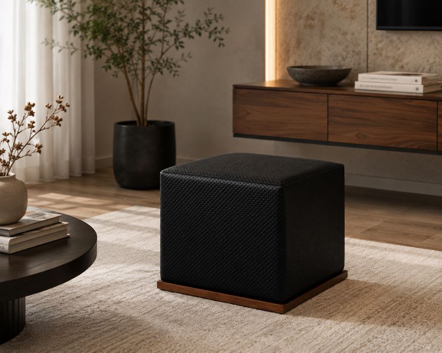 Scaun Taburet Cubic Retro Vintage din Lemn și Piele