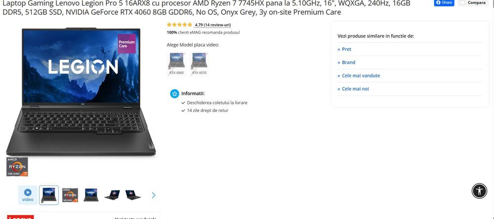 Laptop Gaming Lenovo Legion Pro 5 16ARX8 cu procesor AMD Ryzen 7 7745H