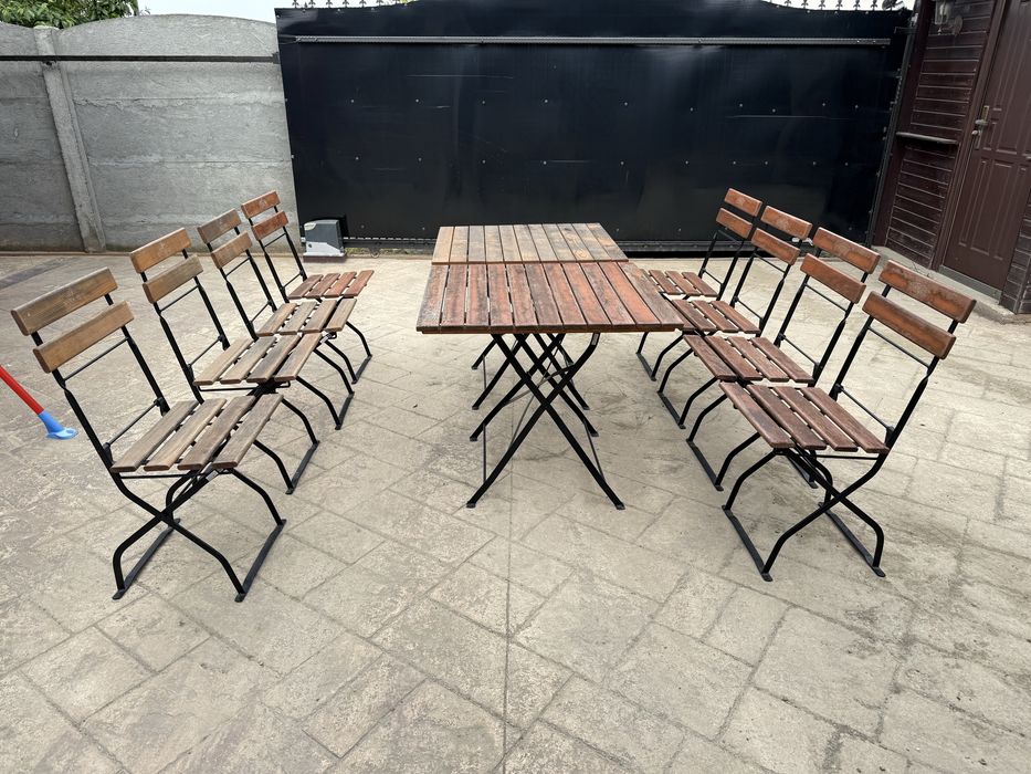 Vand mobilier de lemn gradina / terasa ( 2 mese si 8 scaune )