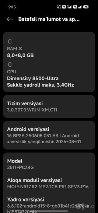 O'yin uchun Poco x 8 pro 8+8/256