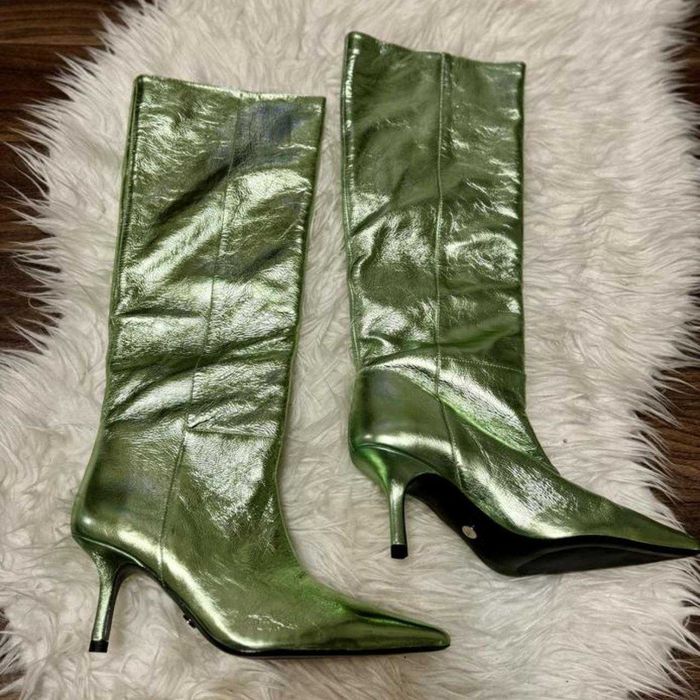 Cizme din piele naturală Zara metalice verde 36