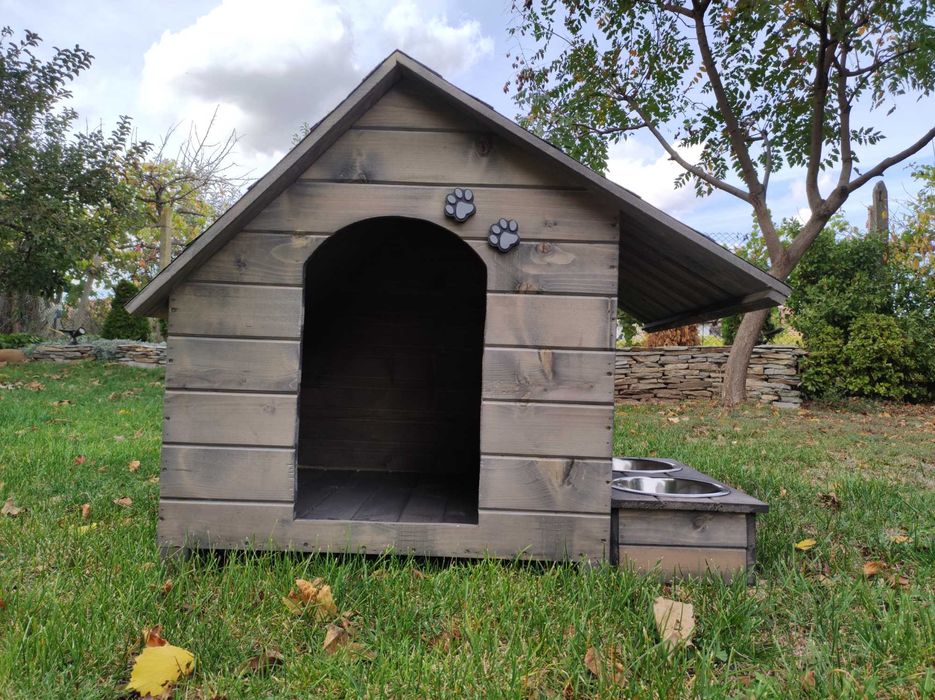 Къща за куче със стряха + купи;Колиба за кучета;Къщи за кученца- Сива