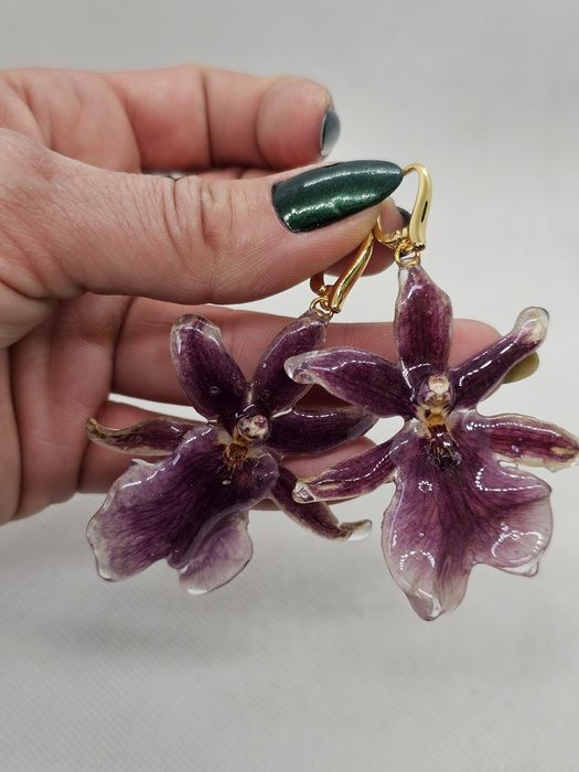 Обеци с естествен цвят на мини орхидея Miltonia.