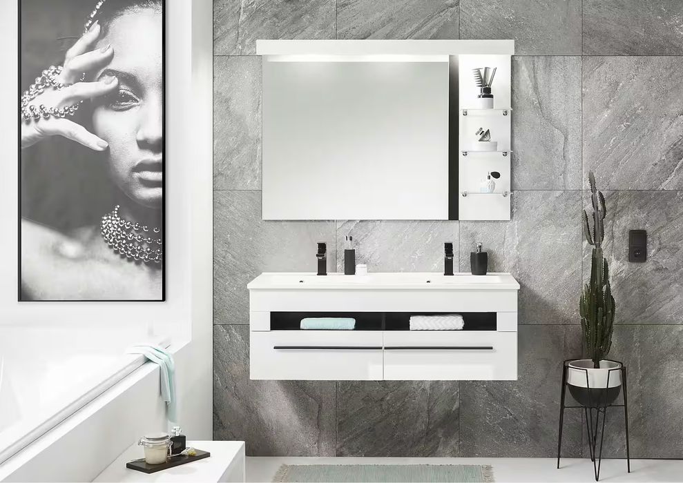 Set mobilier baie Panarea, 120 cm, lavoar dublu, oglindă cu raft