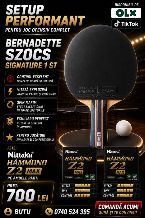 Paletă tenis de masă Bernadette Szocs Signiture 1 cu fețe Tibhar MX-P, Nittaku  Hammond Z2 (Butterfly, Dignics, Tenergy)