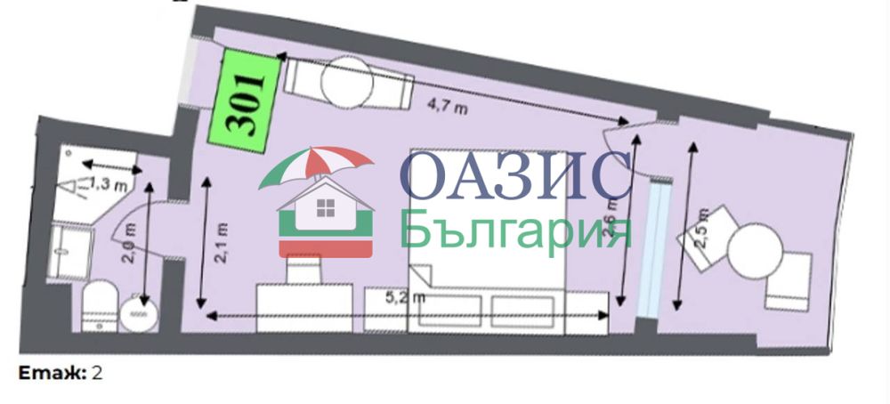 Студио на 3-ти етаж, Аквамарин, Обзор, България - 32,86 кв. м.,